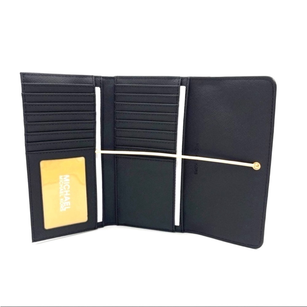 Michael Kors Large Trifold Wallet Black Leather Rich Black/Gold - Picture 5 of 7